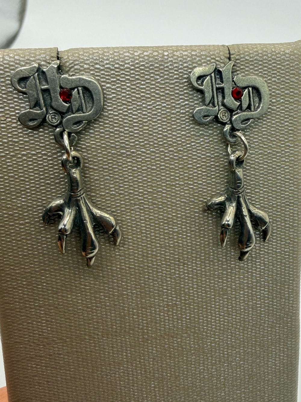 Vintage Harley-Davidson H-D Eagle Talon Claw Dangle Post Earrings Red Crystal